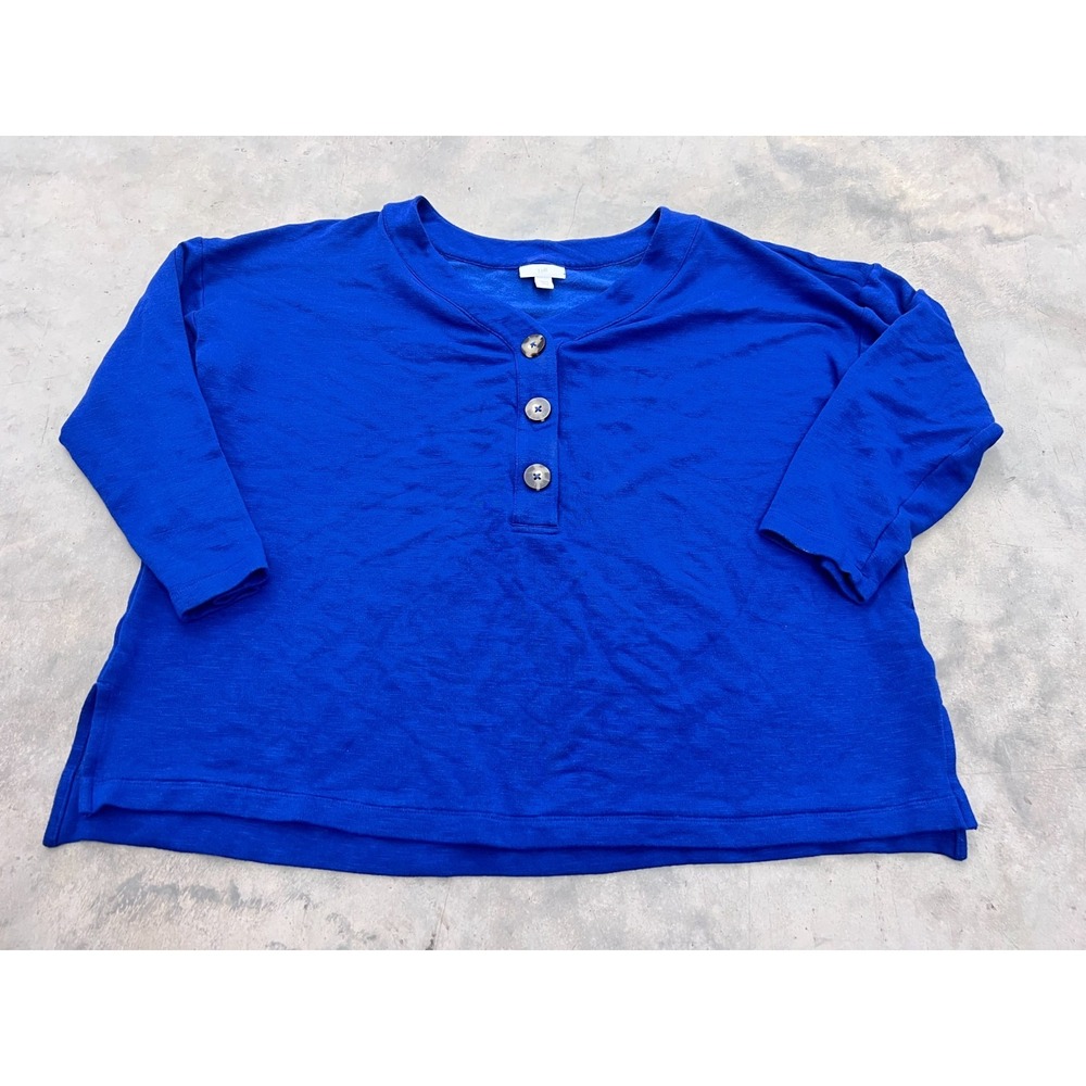 J.Jill Henley Sweatshirt Women Large Petite Blue Fleece Long Sleeve Button Front